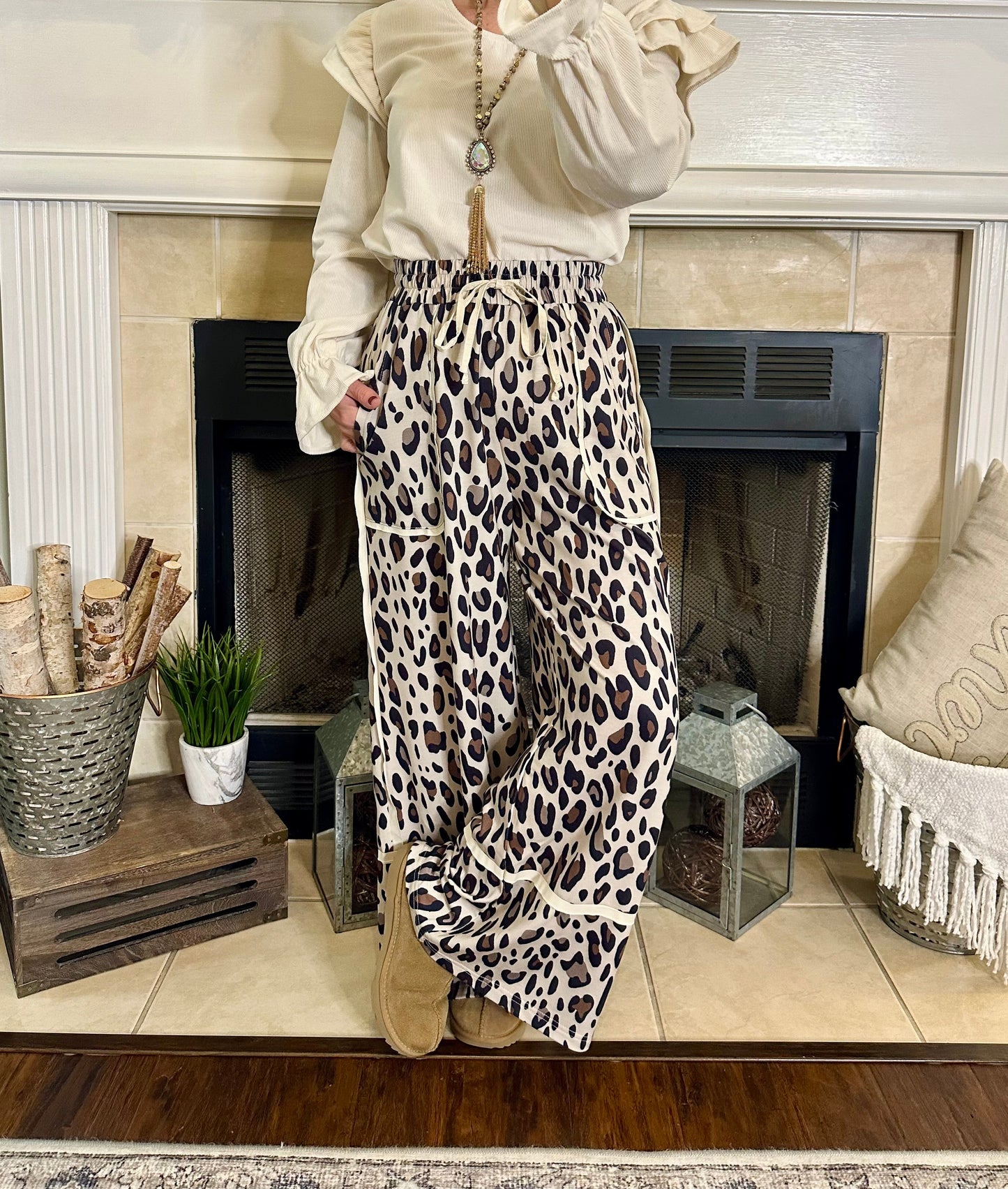 Reya Khaki Leopard Wide Leg Pants