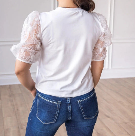 White Lace Puff Sleeve Top is a perfect combination of elegance and simplicity. Featuring delicate sheer lace puff sleeves and a classic boat neckline.