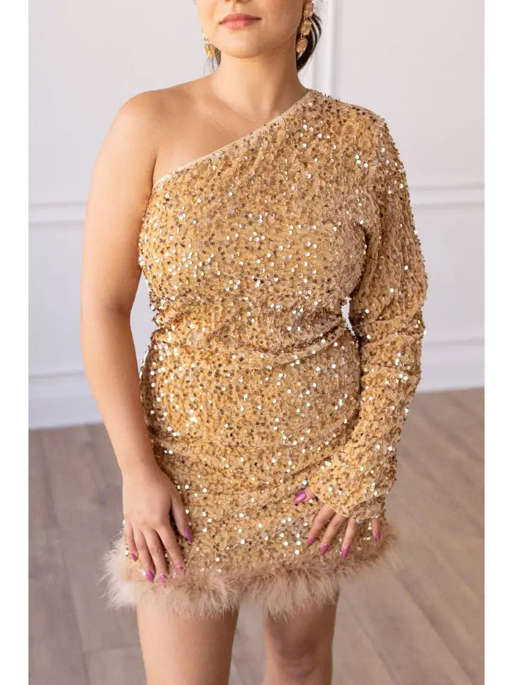 One-Shoulder Sequin Mini Dress. Featuring a fitted silhouette, dazzling Gold sequins, and a chic one-shoulder design.