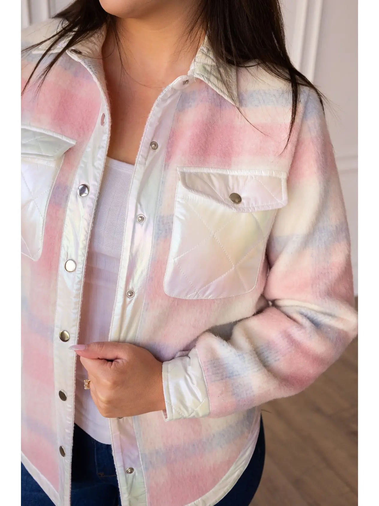 Pastel Plaid Jacket is a stylish and cozy layering piece. A relaxed fit, folded collar.