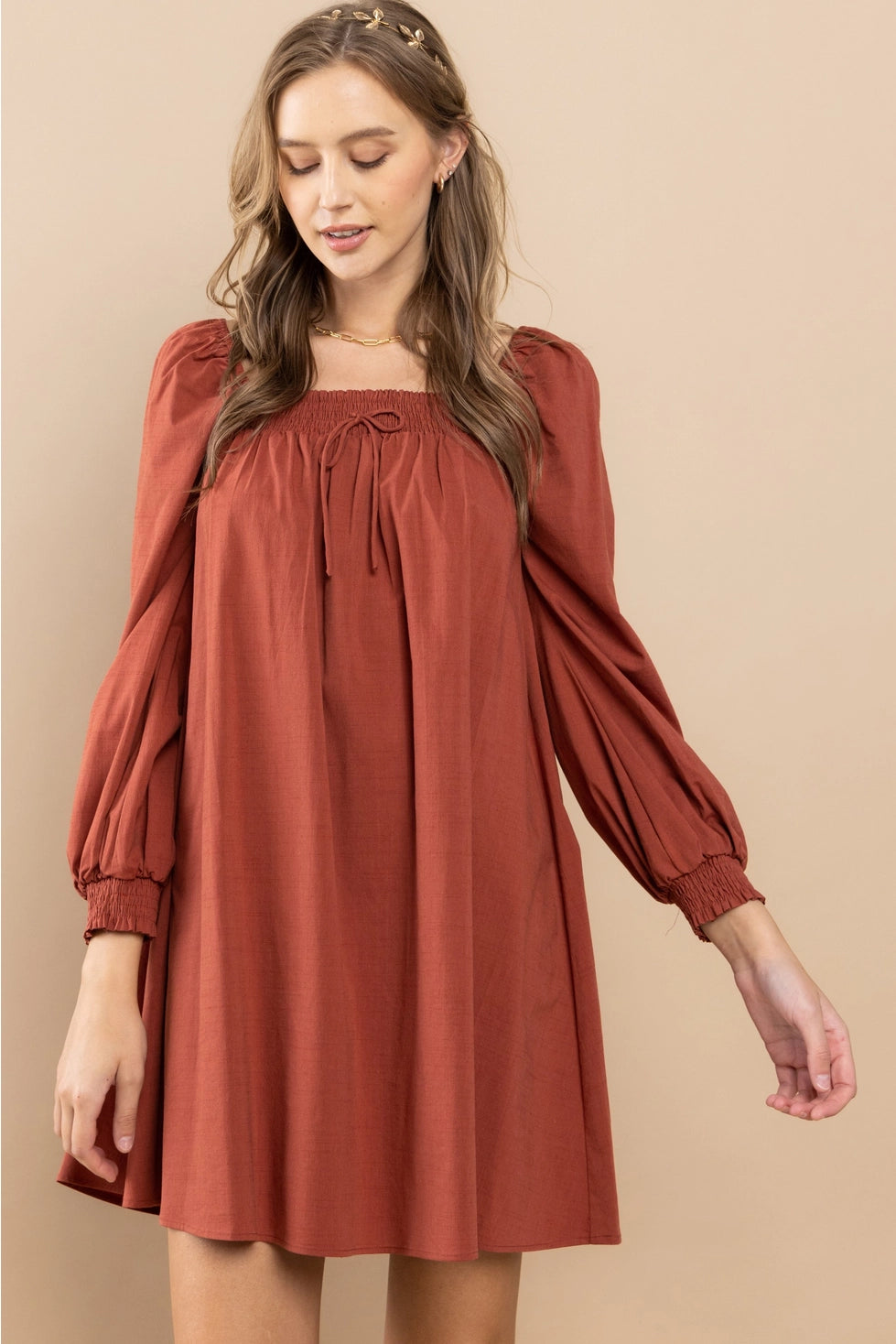 Rust Smocked Shoulder Dress Featuring smocking details on the shoulders.