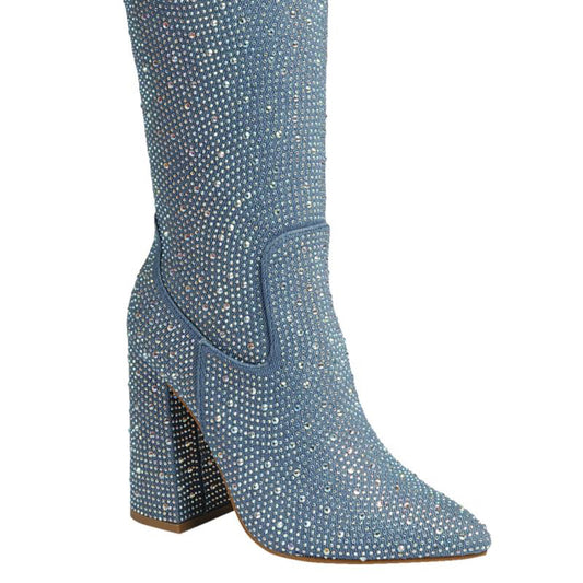 Denim Rhinestone Knee-High Boots are a stunning blend of glamour and sophistication, perfect for making a bold fashion statement.