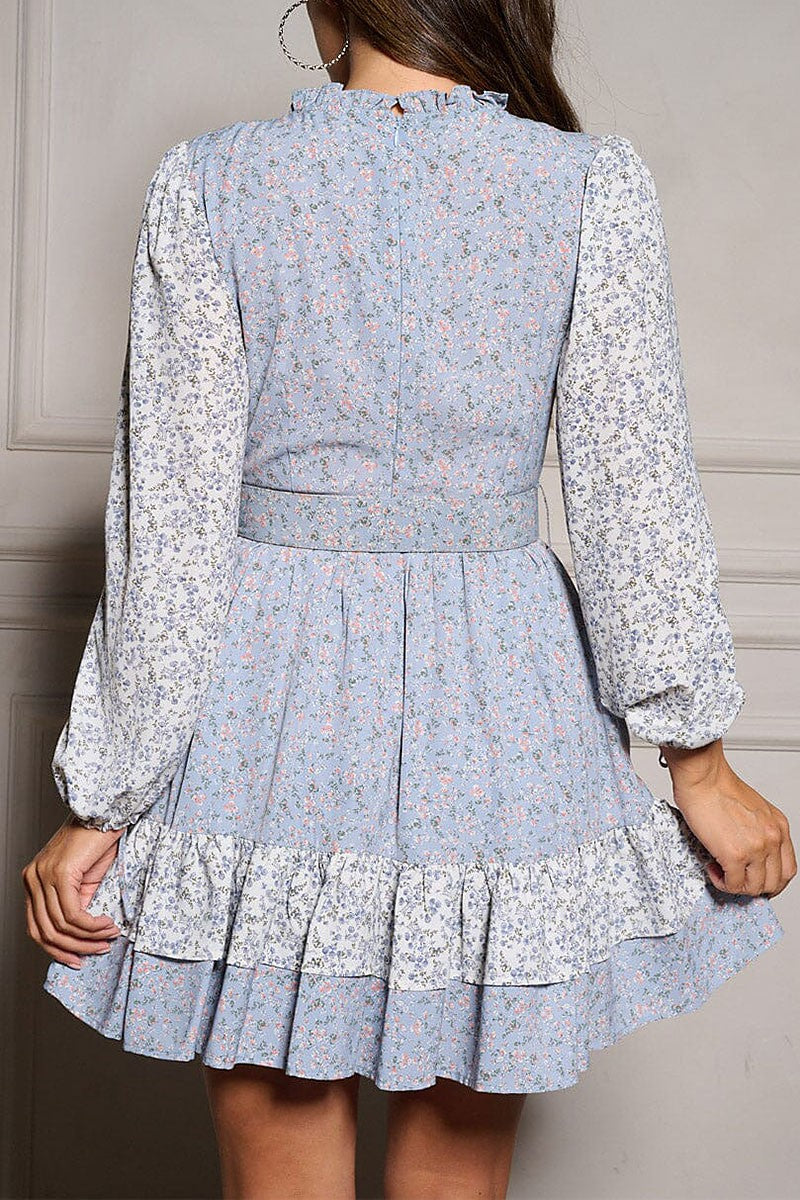 Blue Belted Tiered Floral Smock Dress.