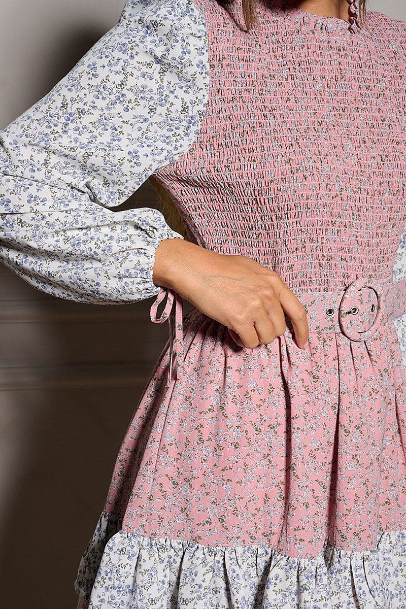 Pink Belted Tiered Floral Smock Dress.