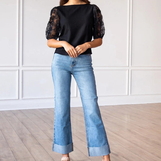 Lace Puff Sleeve Top is a perfect combination of elegance and simplicity. Featuring delicate sheer lace puff sleeves and a classic boat neckline.
