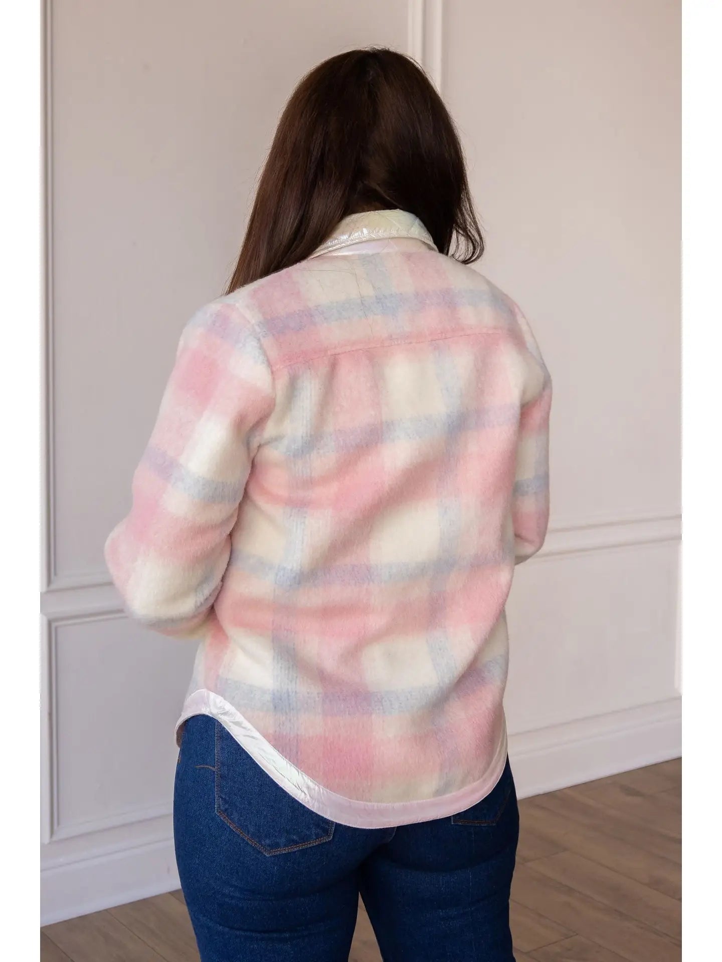 Pastel Plaid Jacket is a stylish and cozy layering piece. A relaxed fit, folded collar.