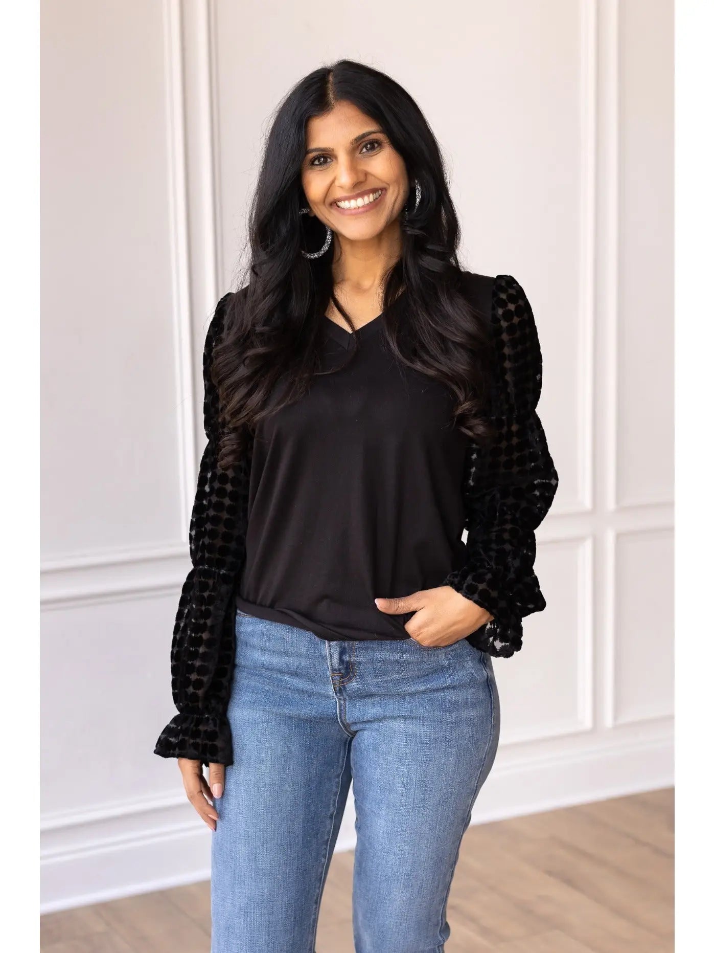 Velvet Dot Sleeve Top.
