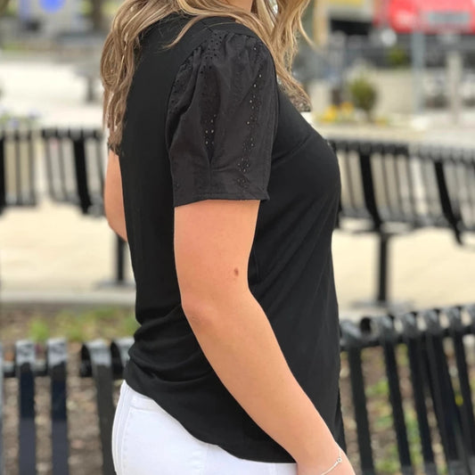 Eyelet Puff Sleeve Top is a chic and versatile wardrobe essential. Featuring elegant eyelet puff sleeves and a flattering silhouette.