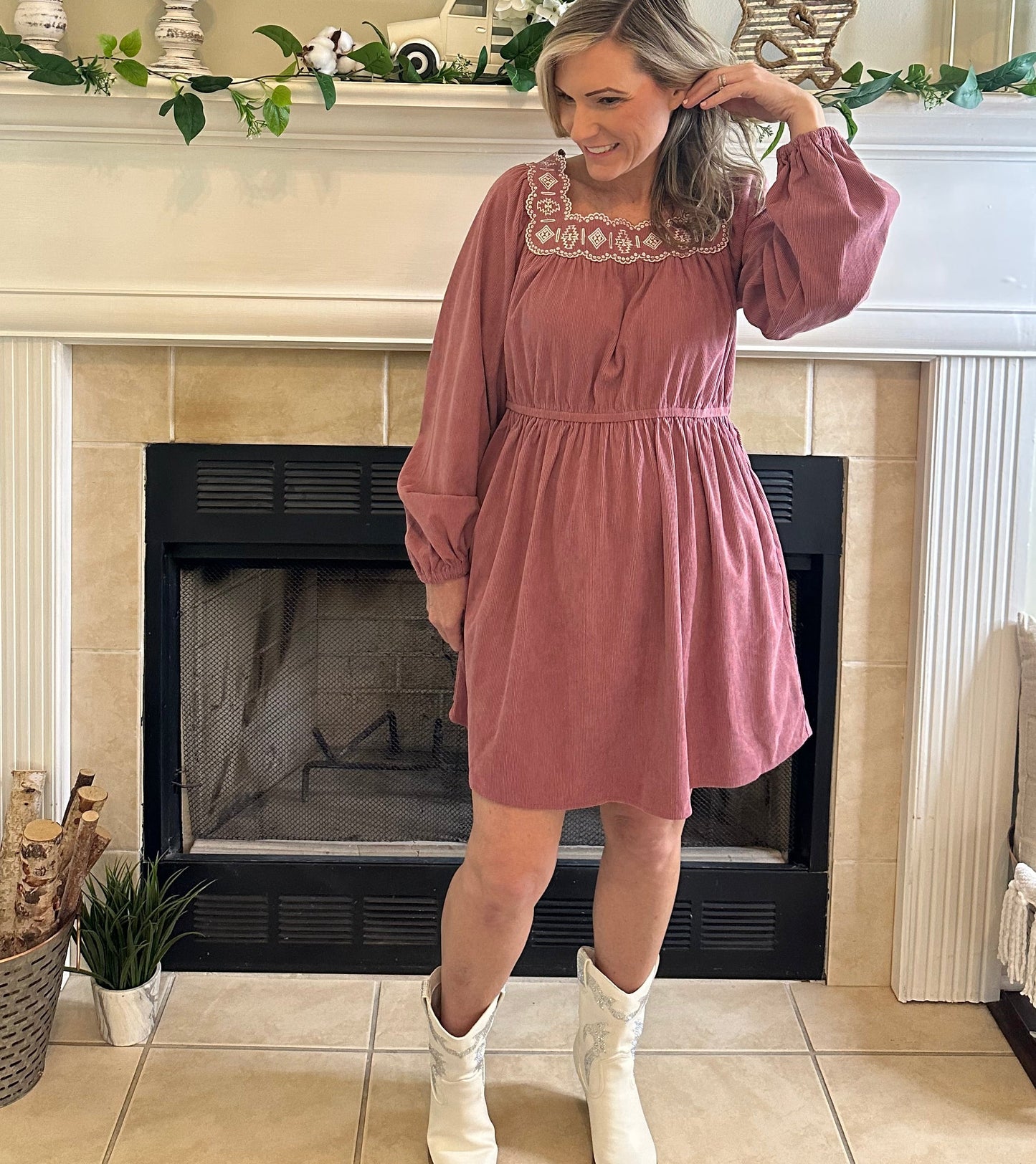 Drew Embroidered Corduroy Mini Dress