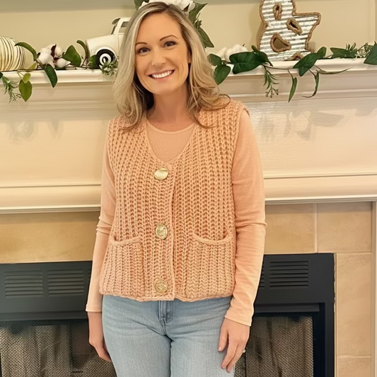 Knit Button-Front Vest is a cozy and stylish layering piece, perfect for adding texture to your outfit.