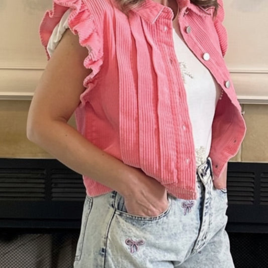 Pink Ruffled Corduroy Vest combines vintage charm with a modern twist. Crafted from soft washed corduroy fabric.