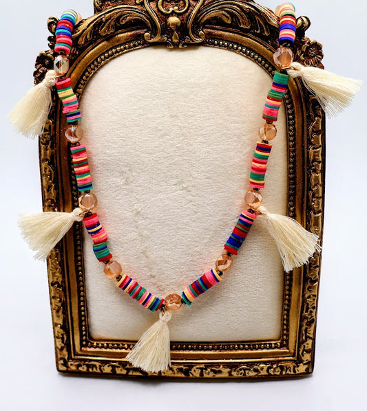 Colorful beaded necklace with tassels.
