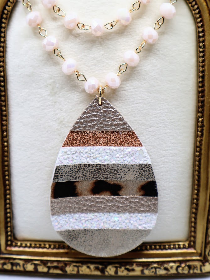 Boho Teardrop Pendant Necklace with Leopard Print