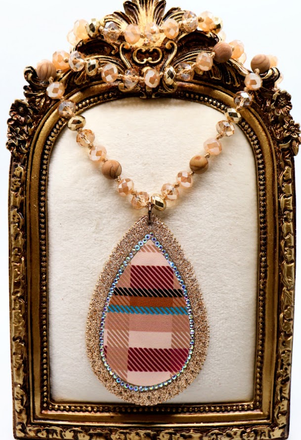 Beaded Necklace with Gold and Multi-Colored Plaid Pendant