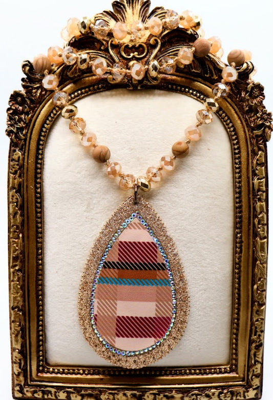 Beaded Necklace with Gold and Multi-Colored Plaid Pendant