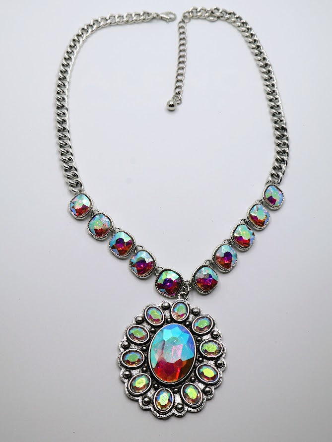 Necklace with a stunning array of shimmering opal-like stones and silver chains.