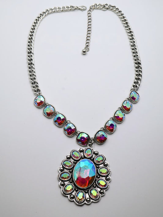 Necklace with a stunning array of shimmering opal-like stones and silver chains.