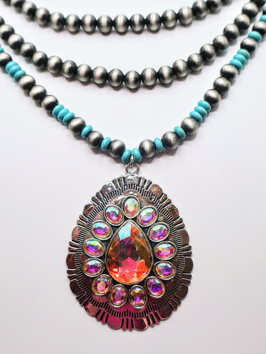 Necklace with beaded chain and colorful pendant Boho style.
