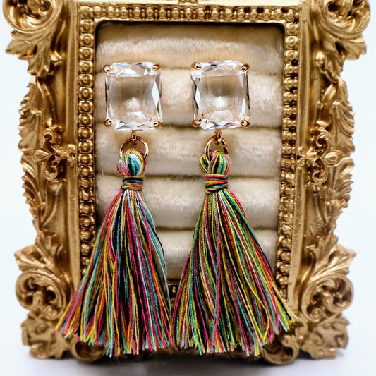 Multicolored tassel earrings. Featuring sparkling crystal studs.