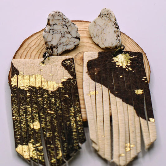 Golden Mocha Fringe Earrings featuring a gorgeous marbled design with hints of metallic gold and playful layered fringe.