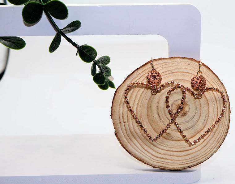 Rose gold earrings on a wooden slice with a plant in the background