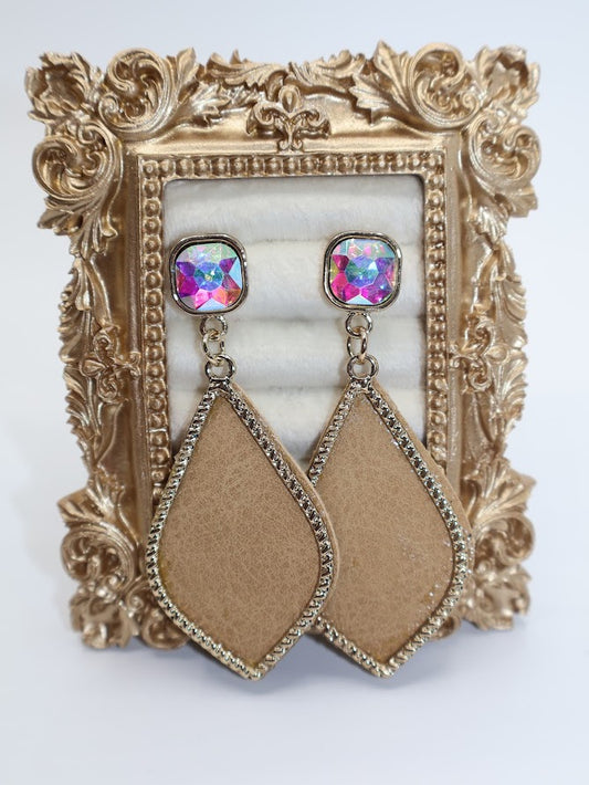 Pair of earrings with colorful gemstones and geometric shape.