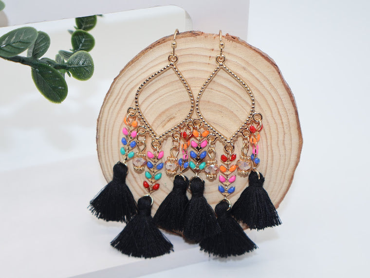 Colorful earrings with tassels and geometric shape.