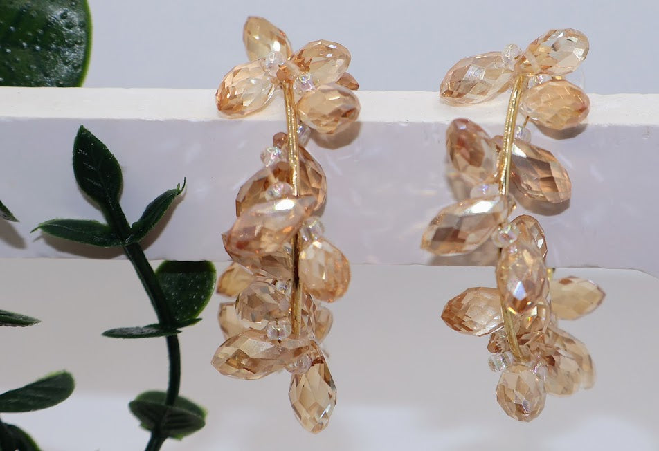 Pair of gold earrings with clear stones on a white background