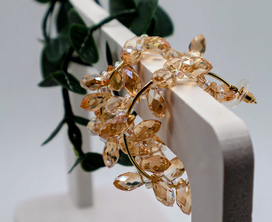These charming hoop earrings feature a delicate arrangement of soft, petal-shaped crystals.