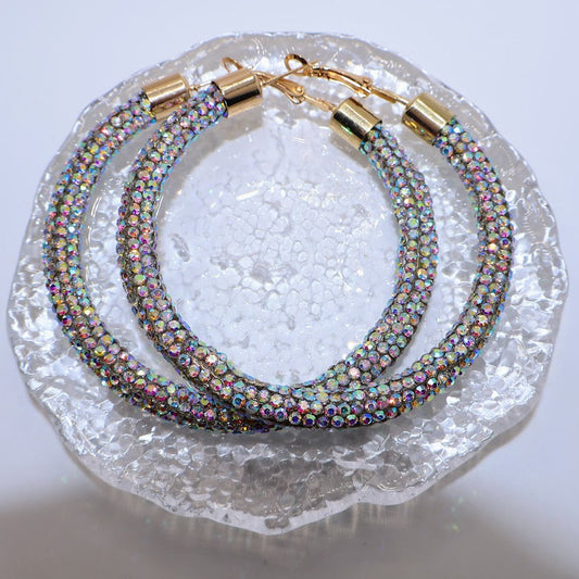 A pair of dazzling hoop earrings and are adorned with shimmering crystals.