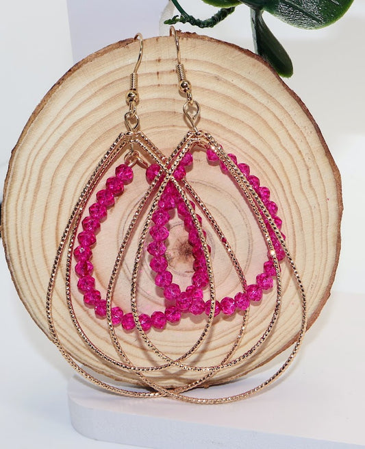 Pink and Gold Beaded Teardrop Earrings.