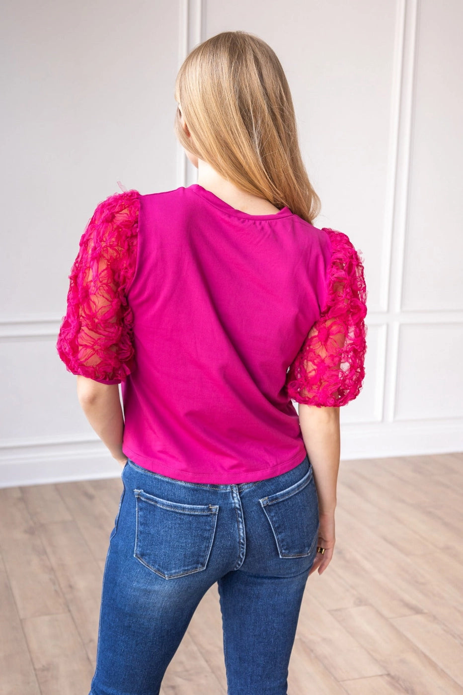 Magenta Lace Puff Sleeve Top is a perfect combination of elegance and simplicity. Featuring delicate sheer lace puff sleeves and a classic boat neckline.