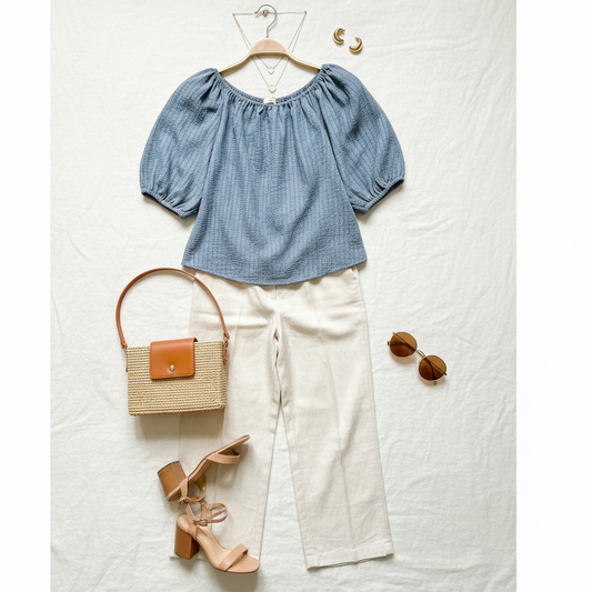 Blue top, white pants, tan sandals, woven bag, and sunglasses on a white background