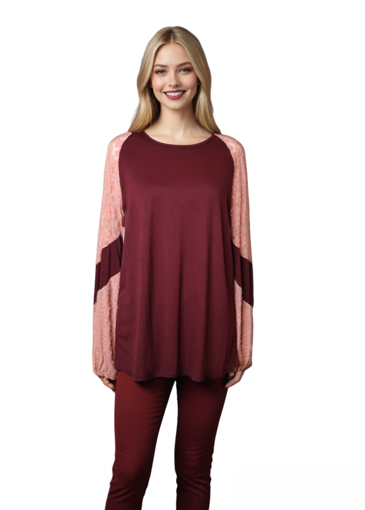 Blouse with pink lace balloon sleeves and burgandy body.