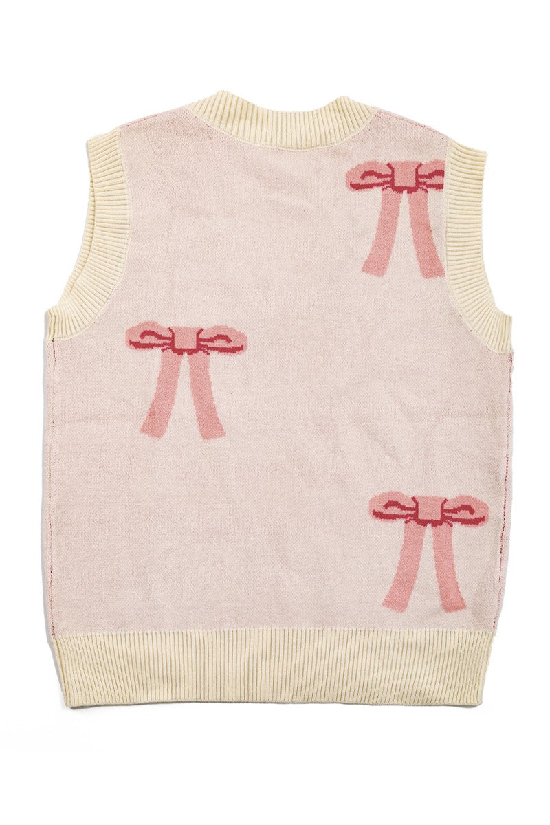 Bow Sweater Vest featuring an all-over bow design, this is a sleeveless sweater vest with a V-neckline.