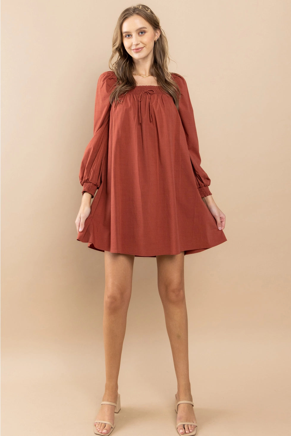 Rust Smocked Shoulder Dress Featuring smocking details on the shoulders.