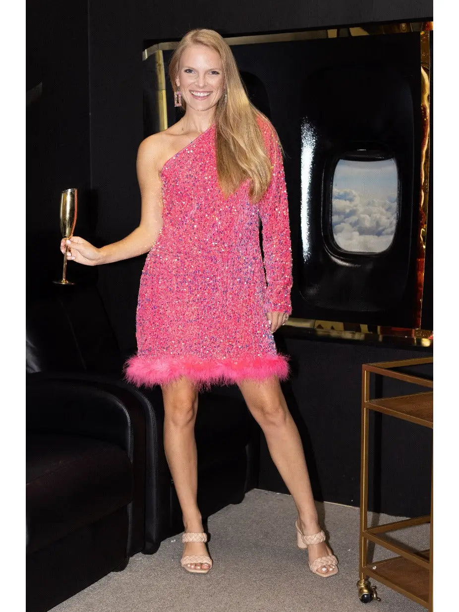 One-Shoulder Sequin Mini Dress. Featuring a fitted silhouette, dazzling Hot Pink sequins, and a chic one-shoulder design.