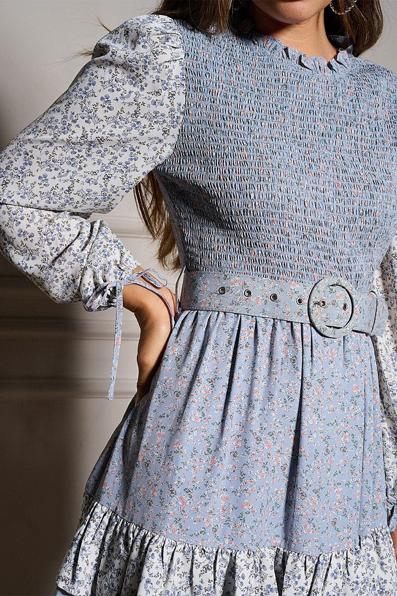 Blue Belted Tiered Floral Smock Dress.