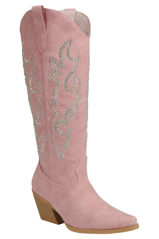 Embellished Western Boots bring a playful twist to classic cowboy style with their soft pink hue and sparkling rhinestone accents.