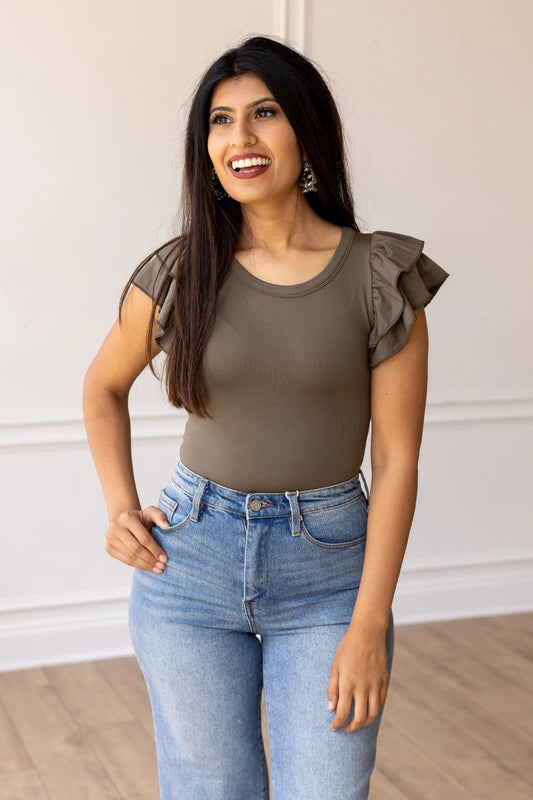 Olive Ruffle Sleeve Bodysuit combines elegance and practicality with its fitted design and charming ruffle sleeves.
