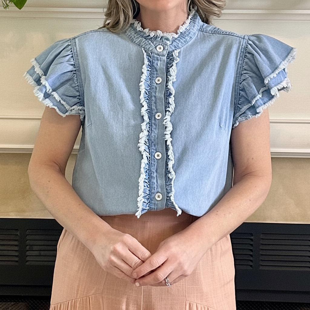Woman wearing a light blue denim top with ruffled details in front of a fireplace.