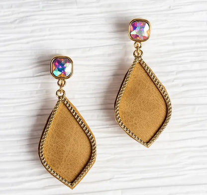 Gold earrings with teardrop-shaped gold elements and a colorful gemstone on a white background.