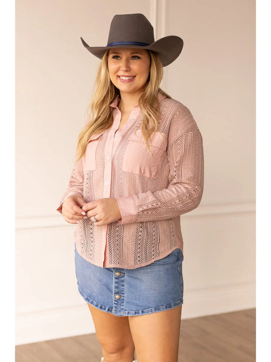 Lace Button-Up Shirt exudes boho elegance with its intricate lace detailing and timeless button-up design.