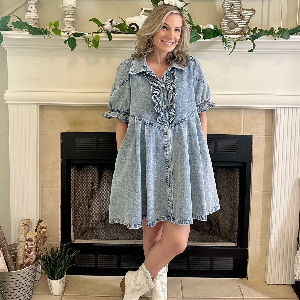 Woman in a denim dress standing in front of a fireplace with decorative elements.