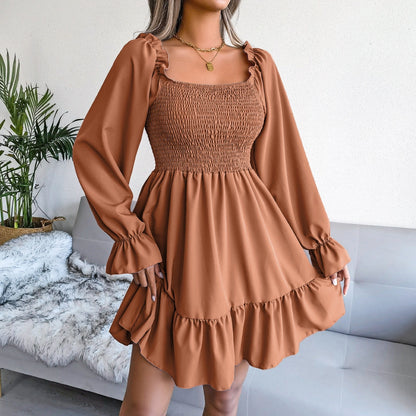 Brown Gold Smocked Ruffle Dress.
