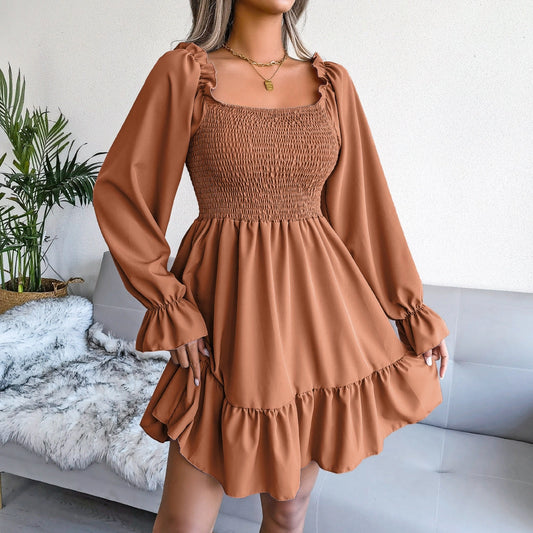 Brown Gold Smocked Ruffle Dress.
