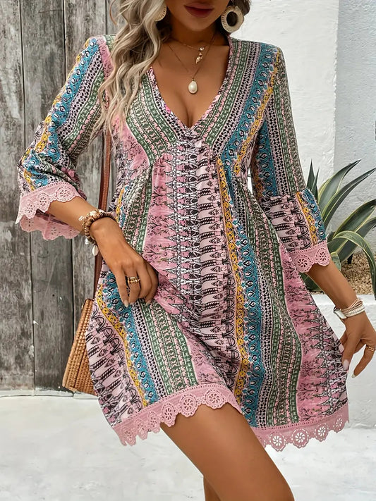 Pink Boho Lace Trim Mini Dress is a vibrant and breezy piece that captures effortless bohemian charm. Featuring a deep V-neckline and 3/4-length bell sleeves.