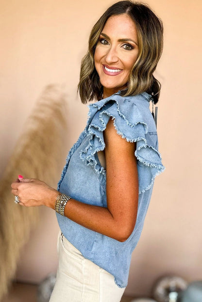 Ruffled Denim Top is a blend of feminine charm and modern style.