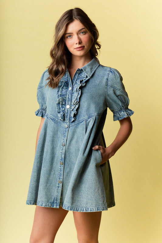 Denim Ruffled Mini Dress is a charming and versatile piece, blending casual comfort with stylish details.
