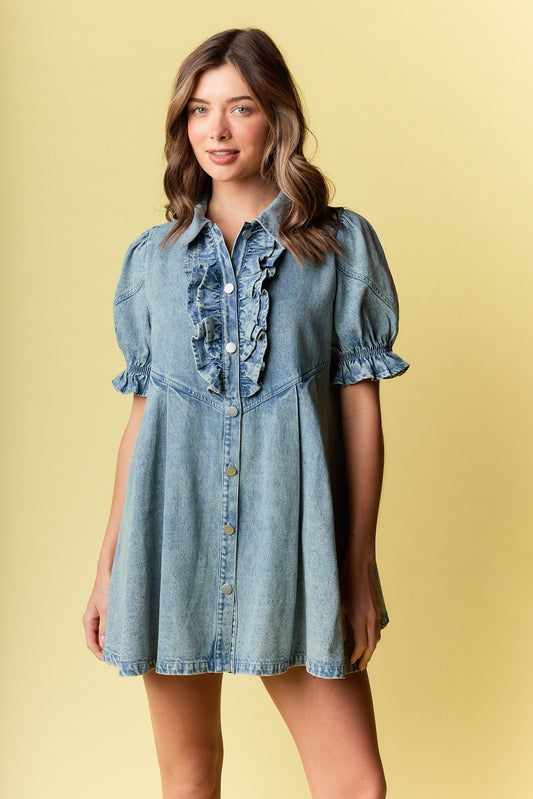 Denim Ruffled Mini Dress is a charming and versatile piece, blending casual comfort with stylish details.
